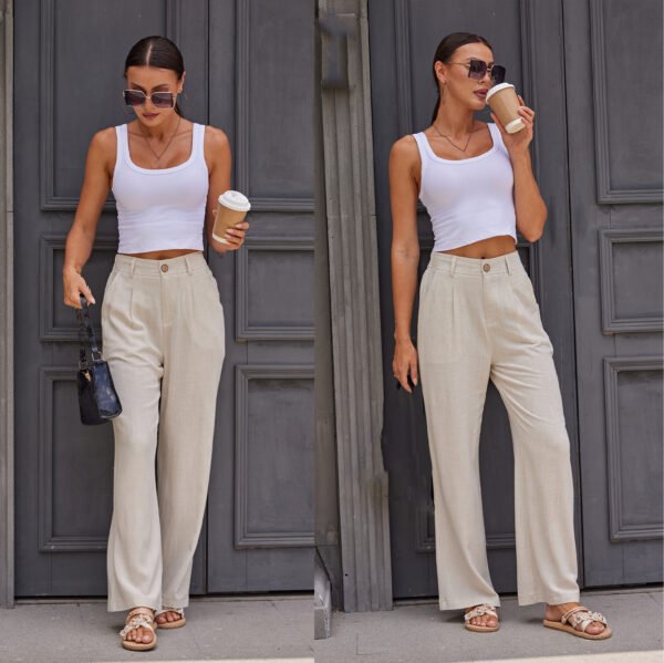 Heipeiwa Women's Linen Casual High Waist Wide Leg Straight Dress Cotton Linen Pants Button Trousers