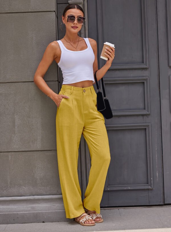 Heipeiwa Women's Linen Casual High Waist Wide Leg Straight Dress Cotton Linen Pants Button Trousers - Image 7
