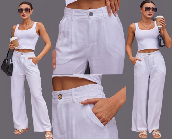 Heipeiwa Women's Linen Casual High Waist Wide Leg Straight Dress Cotton Linen Pants Button Trousers - Image 8