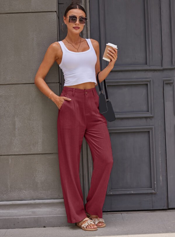 Heipeiwa Women's Linen Casual High Waist Wide Leg Straight Dress Cotton Linen Pants Button Trousers - Image 14