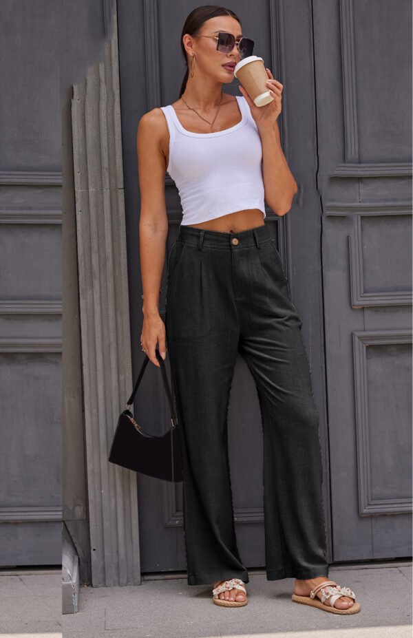 Heipeiwa Women's Linen Casual High Waist Wide Leg Straight Dress Cotton Linen Pants Button Trousers - Image 13