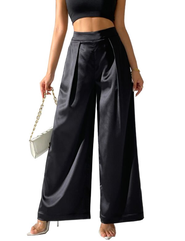 Heipeiwa Women's Satin Wide Leg Palazzo Pants Plicated Silky Pull on Party Dress Casual Pant Trouser - Image 7