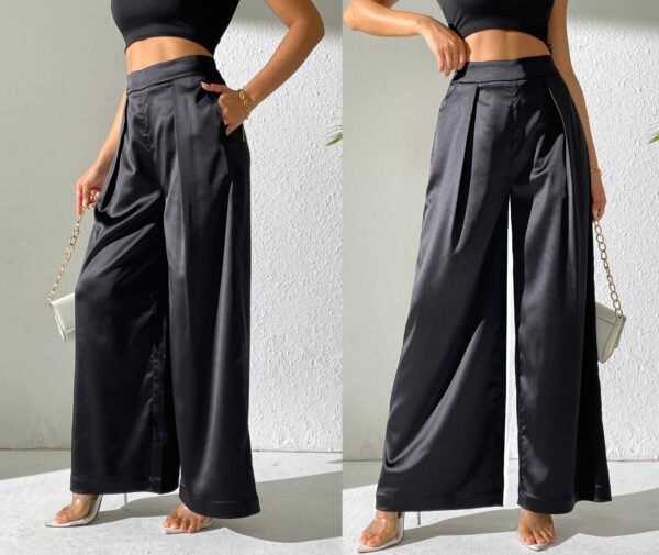 Heipeiwa Women's Satin Wide Leg Palazzo Pants Plicated Silky Pull on Party Dress Casual Pant Trouser - Image 6