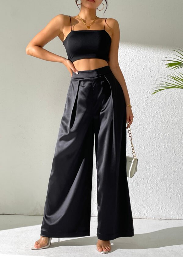 Heipeiwa Women's Satin Wide Leg Palazzo Pants Plicated Silky Pull on Party Dress Casual Pant Trouser