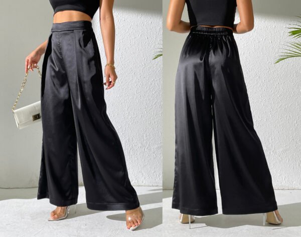 Heipeiwa Women's Satin Wide Leg Palazzo Pants Plicated Silky Pull on Party Dress Casual Pant Trouser - Image 4