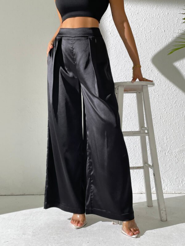 Heipeiwa Women's Satin Wide Leg Palazzo Pants Plicated Silky Pull on Party Dress Casual Pant Trouser - Image 2