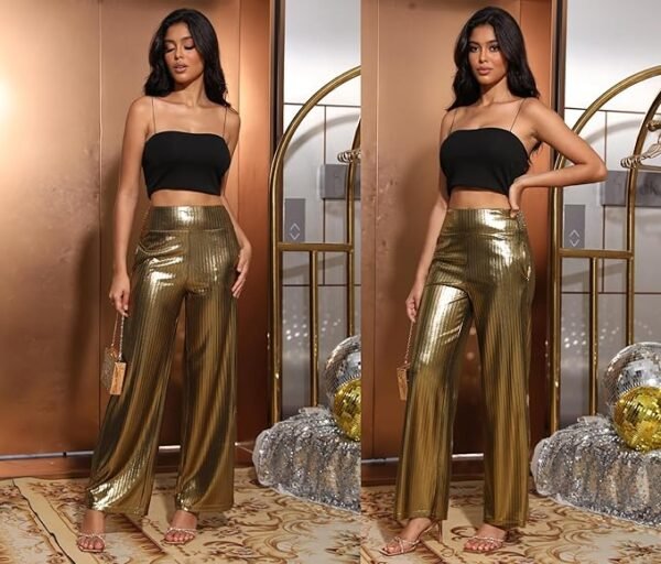 Heipeiwa Women's Metallic Wide Leg Palazzo Pants Rib Pleated Smocked Waist Party Club Sequin Slacks Pant