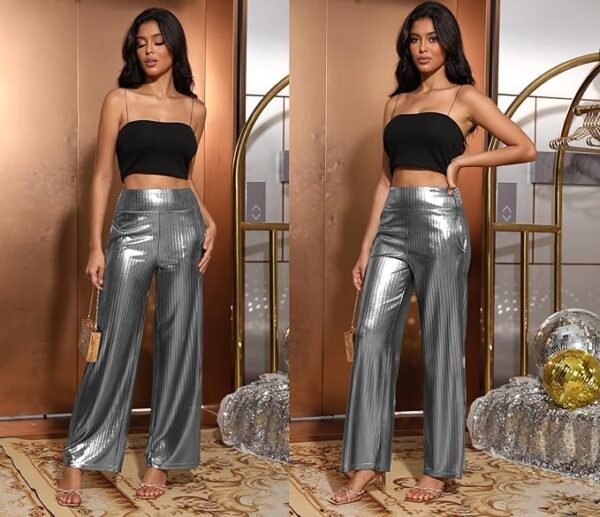 Heipeiwa Women's Metallic Wide Leg Palazzo Pants Rib Pleated Smocked Waist Party Club Sequin Slacks Pant - Image 6