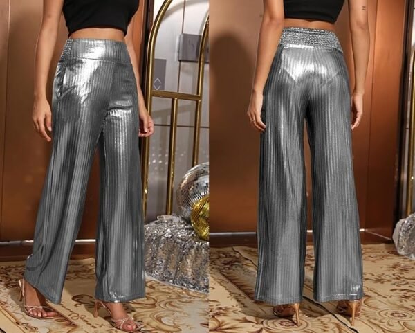 Heipeiwa Women's Metallic Wide Leg Palazzo Pants Rib Pleated Smocked Waist Party Club Sequin Slacks Pant - Image 4