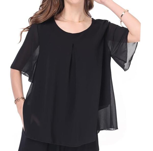 Heipeiwa Women's Summer Double-Layers Chiffon Tops Loose Casual Flounce Sleeve Ruffle Flowy Elegant Shirt Blouses - Image 6