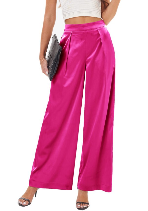 Heipeiwa Women's Satin Wide Leg Palazzo Pants Plicated Silky Pull on Party Dress Casual Pant Trouser - Image 14