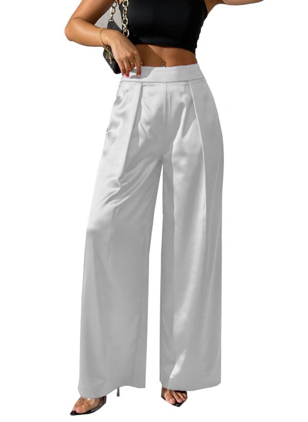 Heipeiwa Women's Satin Wide Leg Palazzo Pants Plicated Silky Pull on Party Dress Casual Pant Trouser - Image 13